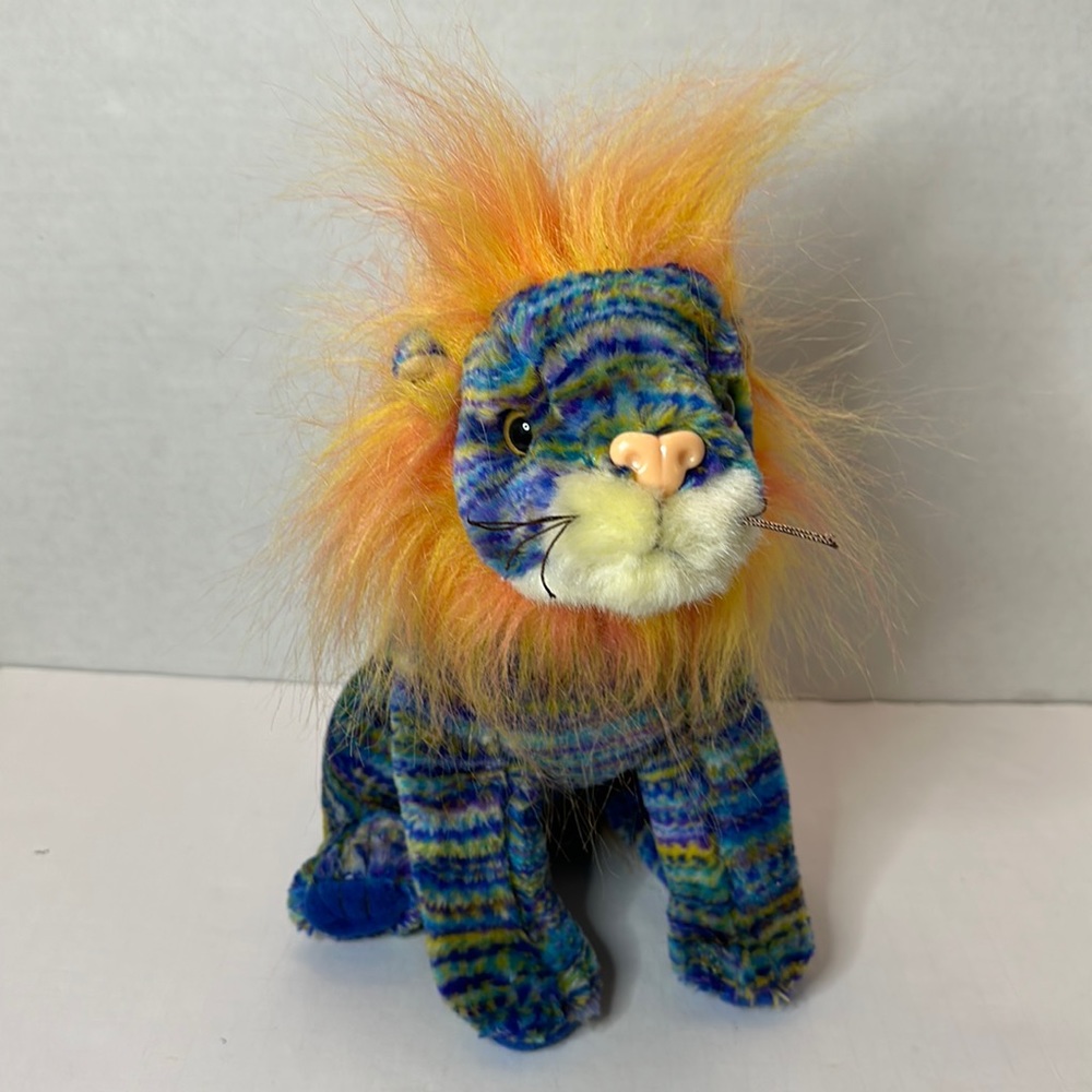 King Plush Blue Yellow Striped Lion Plush Orange Pink Faux Fur Mane